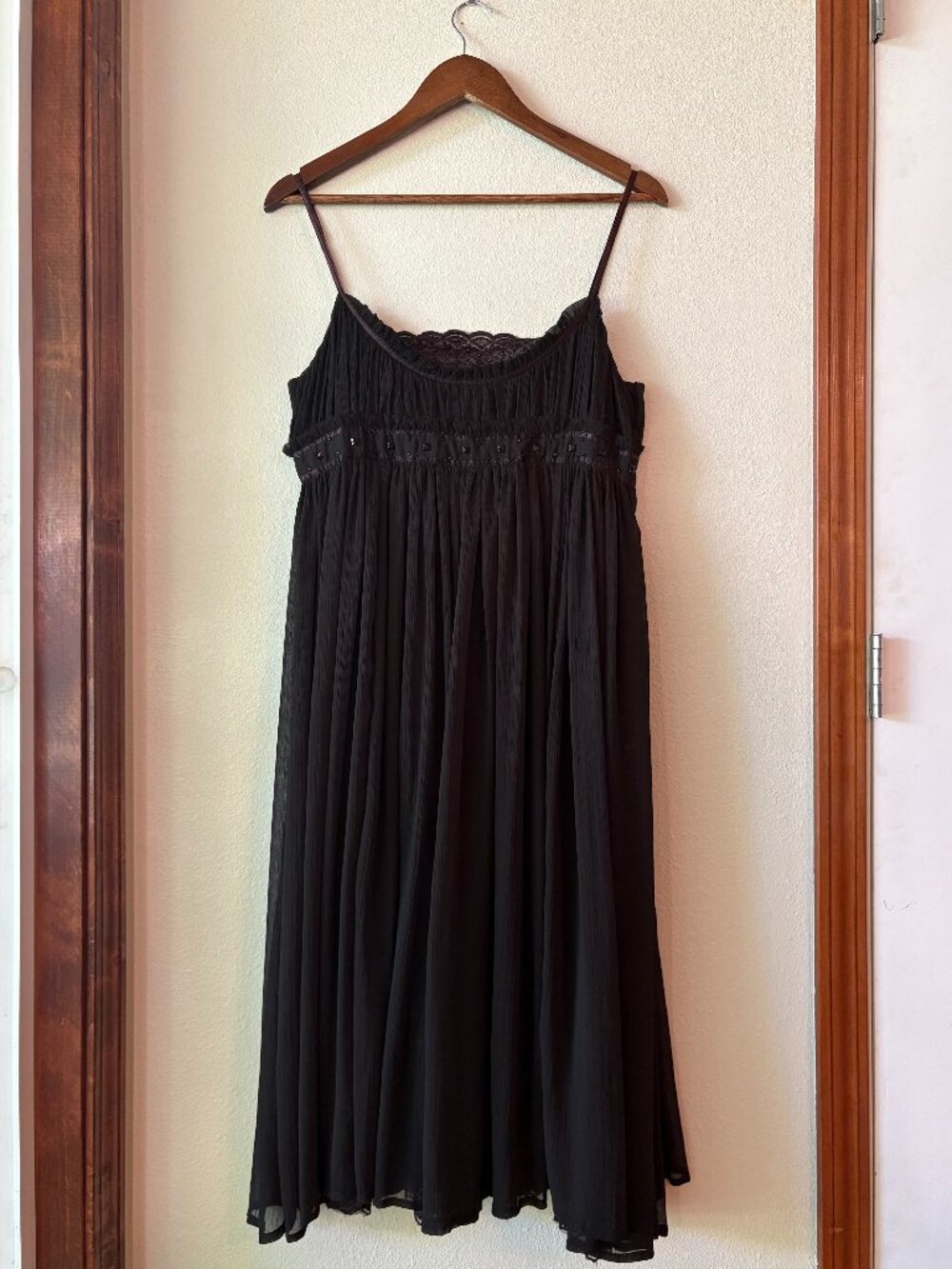 Zara Dark Brown Empire Waist Midi Dress Lace Beaded Chiffon Size L Whimsigoth